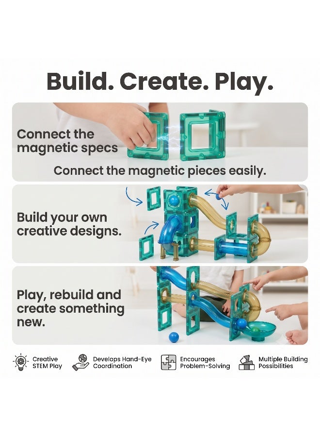 Magni Mates Magnetic Building Tiles Marble Track Set 45 Pieces – DIY Magnetic Blocks with Curved Slides, Tunnel Tubes and Ball Run System for Creative STEM Construction Play - Image 2