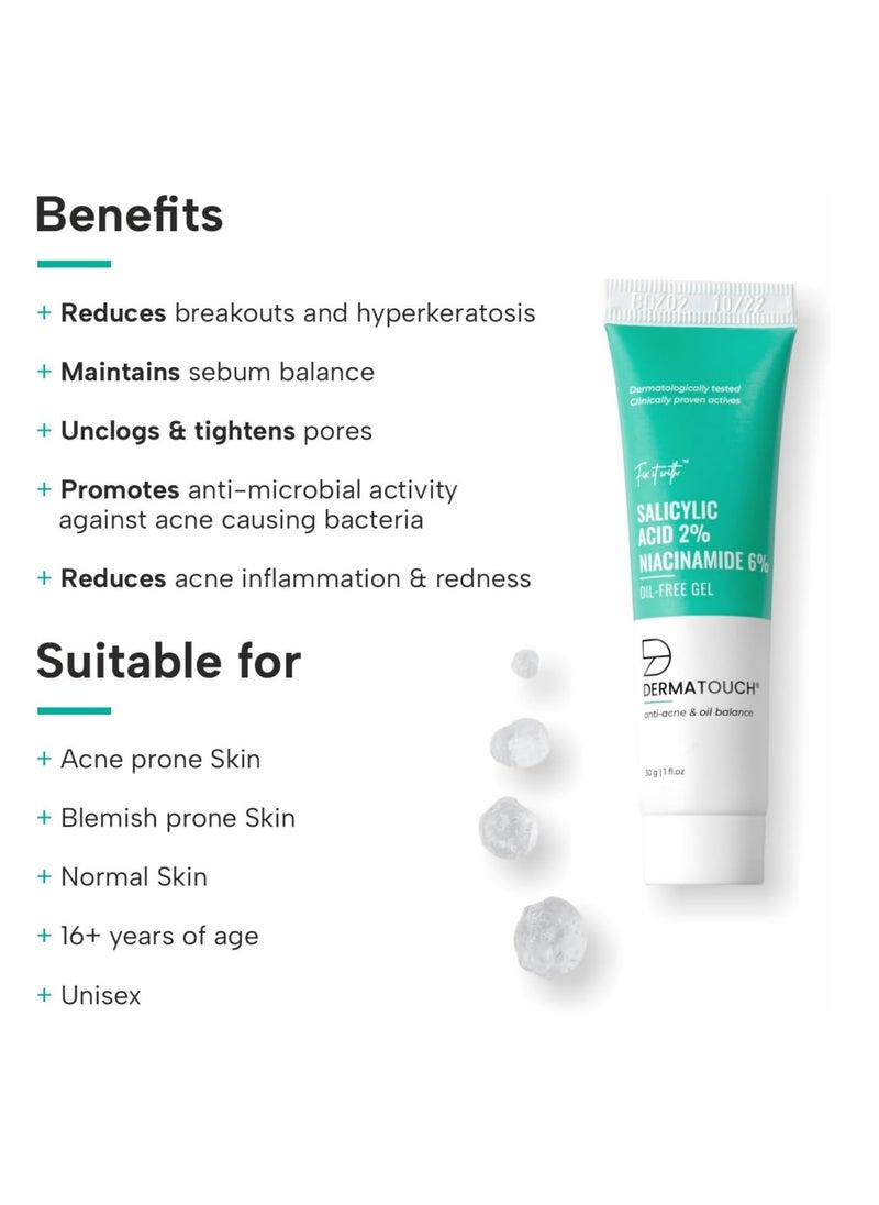 DERMATOUCH - Salicylic Acid 2% Niacinamide 6% Anti-Acne Oil-Free Gel For Active Acne, Oil Balancing, Pore Tightening 30 G (Pack Of 1) - Image 1