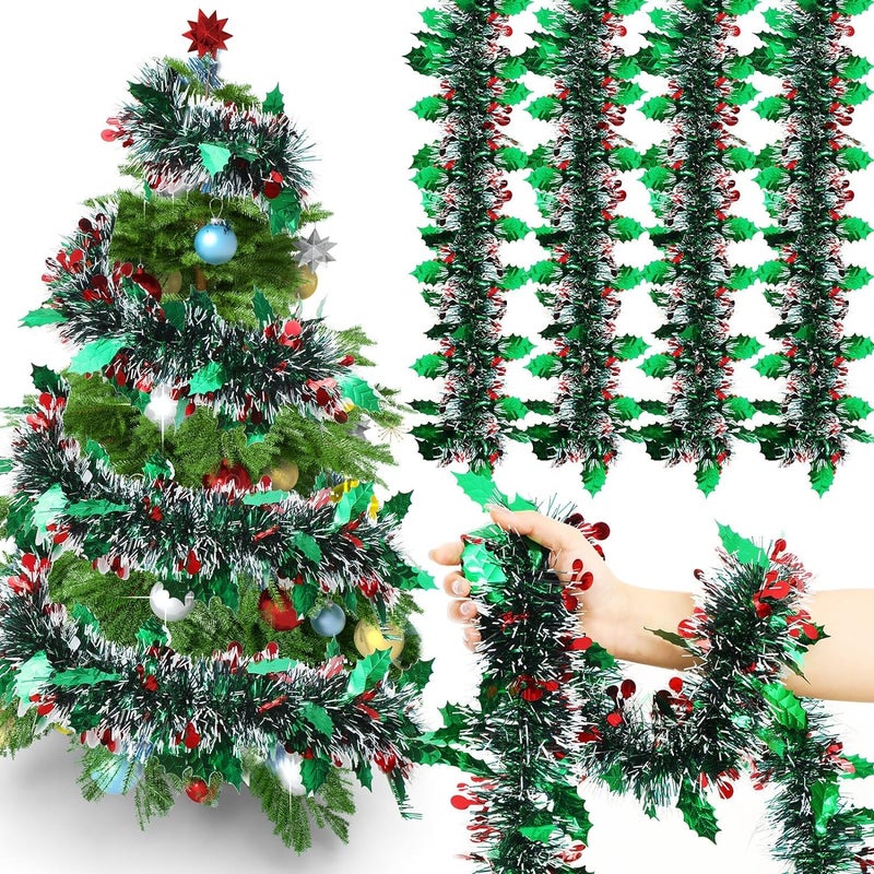 Partunay Set of 3 Snow Frost Green Shiny Red Berries Tinsel Garland Streamers Xmas Christmas Garland for Christmas Xmas Newyear Decoration Item
