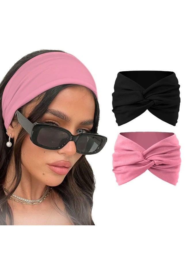 طقم مكون من طوقين شعر قطن محاك للنساء، 95% قطن، بتصميم توربان بعقدة أنيقة، أكسسوارات شعر للنساء والفتيات (روز وأسود) - Image 1