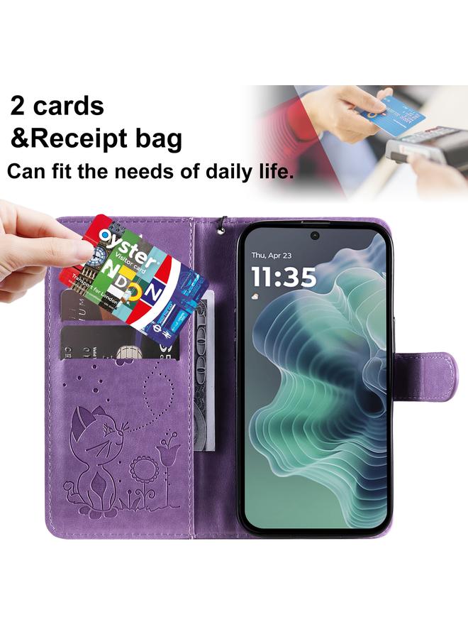 S-TOP Case For Motorola Moto G35 Cat and Bee Embossed Flip Leather Phone Case - Image 5