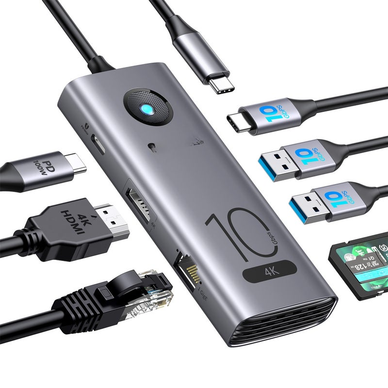 محول منفذات متعدد ORICO 8 في 1 من نوع USB-C مع منفذين USB-A (10 جيجابت في الثانية) ومنفذ واحد USB-C (10 جيجابت في الثانية) ومنفذ واحد SD و TF (3.0، يمكن توثيقهما معًا) و PD 100 واط ومنفذ واحد HDMI (4K@60 هرتز) ومنفذ واحد RJ45 (1000 ميغابت) لجهازات MacBook/Dell/HP/... Surface/Lenovo - Image 1