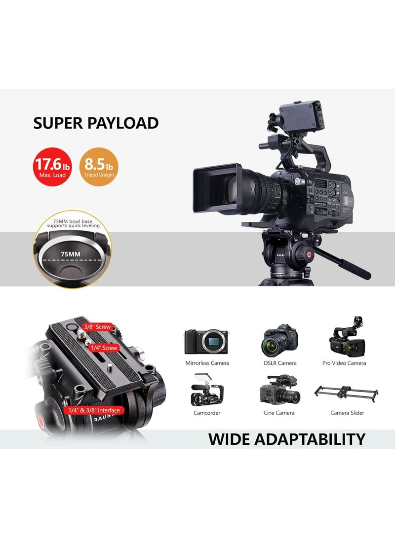 RAUBAY DV-2 Fluid Head Video Tripod 69" – With Ground Spreader, 360° Pan & -75°/+90° Tilt, Aluminum Twin-Tube Legs, 17lbs Max Load, Quick Release Plate, For DSLR & Camcorder - Image 5
