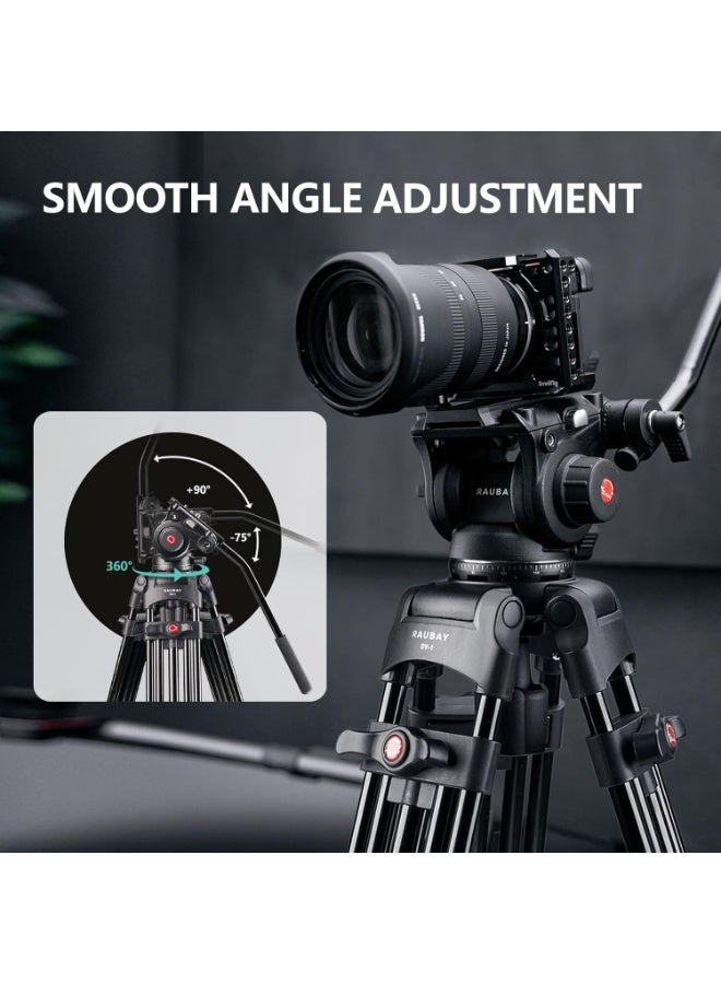 RAUBAY DV-2 Fluid Head Video Tripod 69" – With Ground Spreader, 360° Pan & -75°/+90° Tilt, Aluminum Twin-Tube Legs, 17lbs Max Load, Quick Release Plate, For DSLR & Camcorder - Image 4