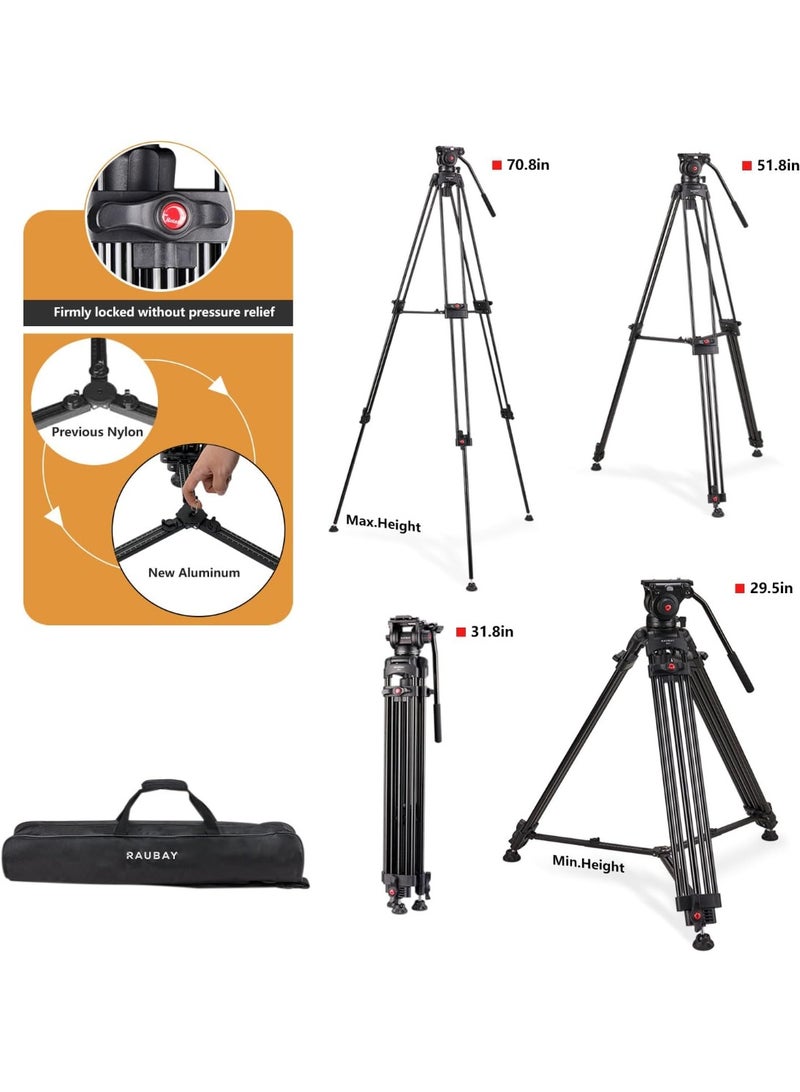 RAUBAY DV-2 Fluid Head Video Tripod 69" – With Ground Spreader, 360° Pan & -75°/+90° Tilt, Aluminum Twin-Tube Legs, 17lbs Max Load, Quick Release Plate, For DSLR & Camcorder - Image 3