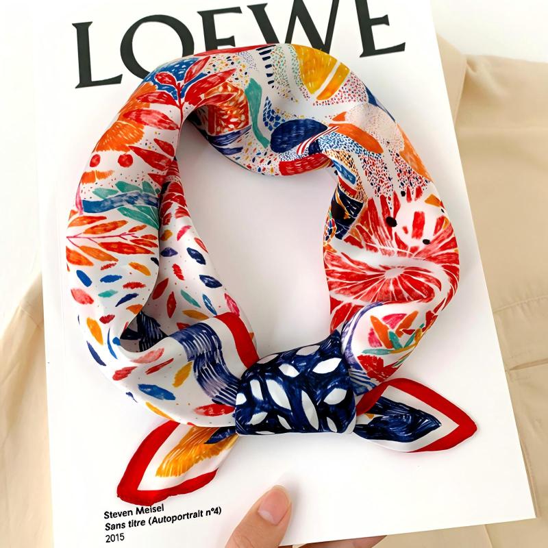 53 * 53Cm small square scarf silk scarf silk square spring and summer scarf headband binding bag/yellow edge camellia - Image 2