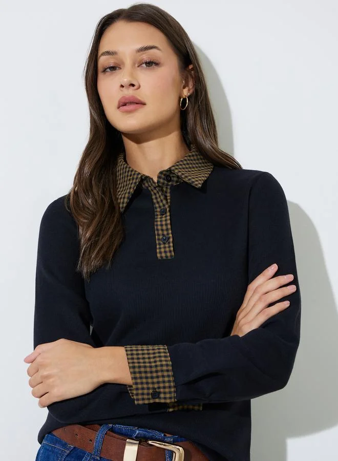 Black Checked Collar and Cuffs Long Sleeves Knit Top