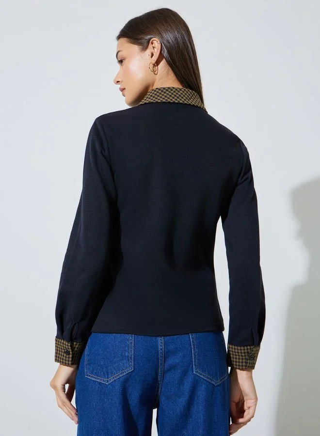 Styli  Black Checked Collar and Cuffs Long Sleeves Knit Top for Women | Best Price UAE