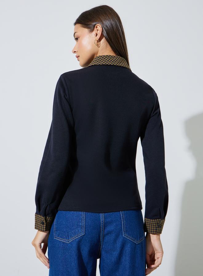 Styli Black Checked Collar and Cuffs Long Sleeves Knit Top - Image 4