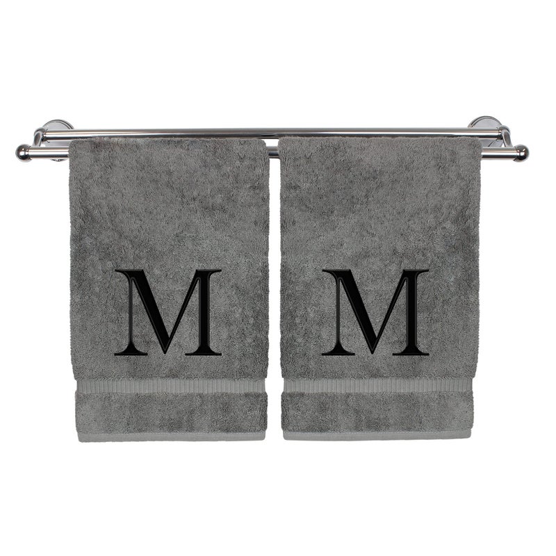 BC BARE COTTON Monogrammed Hand Towel  Personalized Gift  Set of 2- Black Block Letter Embroidered Towel - Extra Absorbent 100% Turkish Cotton - Soft Terry Finish - Initial M Gray - Image 1