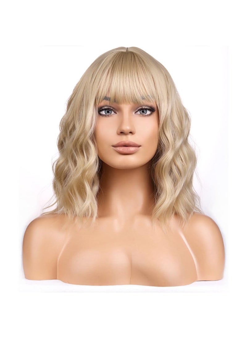 BERON BERON Blonde Wigs for Womens Short Curly Wavy Wig with Bangs Girls Dark Blond Wigs Heat Resistant Synthetic Hair Party Daily Use Wigs 