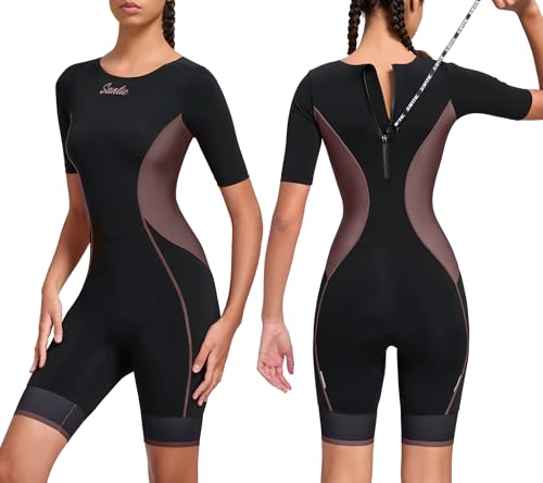 Santic Triathlon Suit for Women Short Sleeve Padded Trisuit QuickDry for Swim Bike RunBrownXS - Image 1
