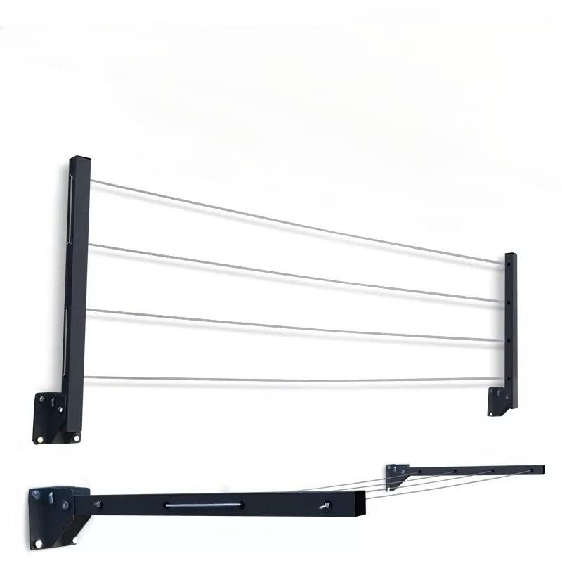 GLITZ Clothes Drying Stand Space Saving Foldable 4 Wire Metal Wall Mount Collapsible Rack Powder Coated Rust Proof Four Tier With Free Clothesline Black - Image 1