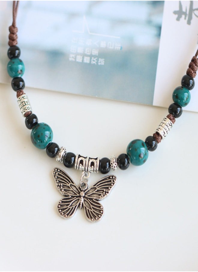 Generic - Vintage Ceramic Necklace with Adjustable Rope and Butterfly Pendant, Gift for Women - Image 1
