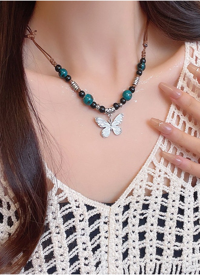 Generic - Vintage Ceramic Necklace with Adjustable Rope and Butterfly Pendant, Gift for Women - Image 1