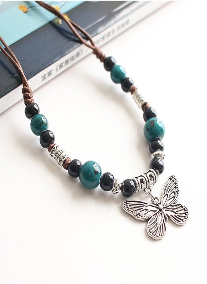 Generic - Vintage Ceramic Necklace with Adjustable Rope and Butterfly Pendant, Gift for Women - Image 1