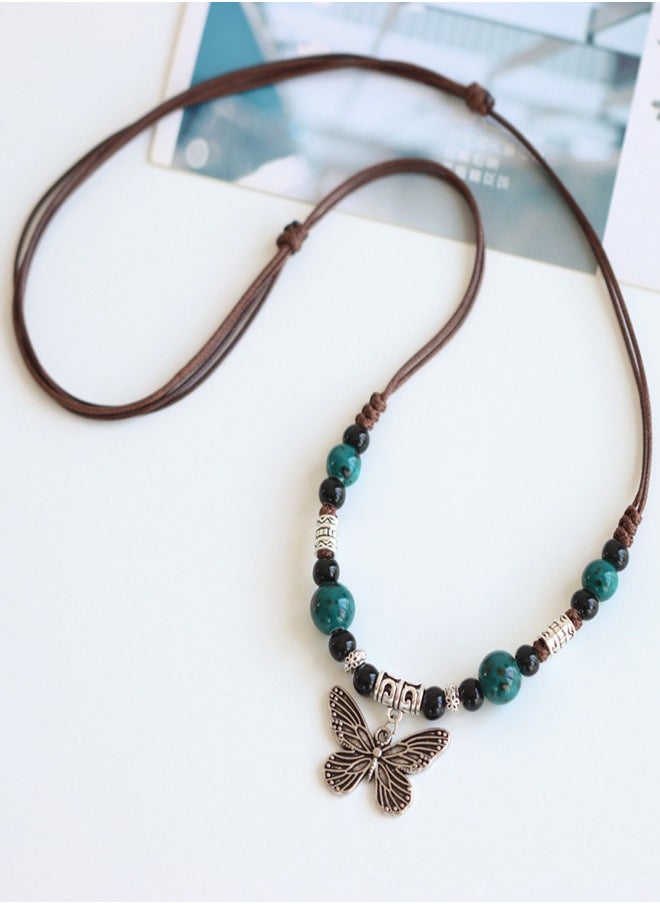 Generic - Vintage Ceramic Necklace with Adjustable Rope and Butterfly Pendant, Gift for Women - Image 1