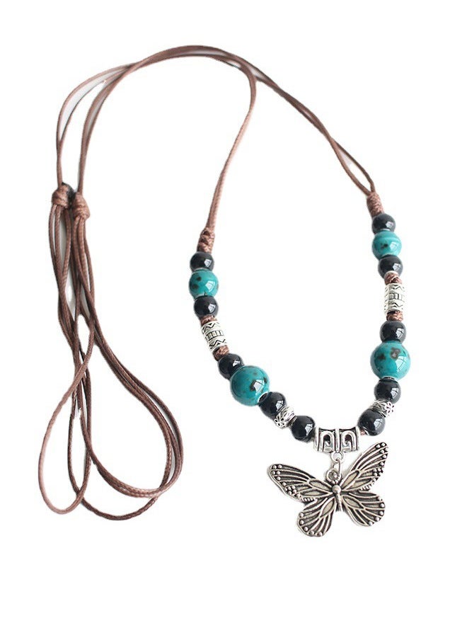 Generic - Vintage Ceramic Necklace with Adjustable Rope and Butterfly Pendant, Gift for Women - Image 1