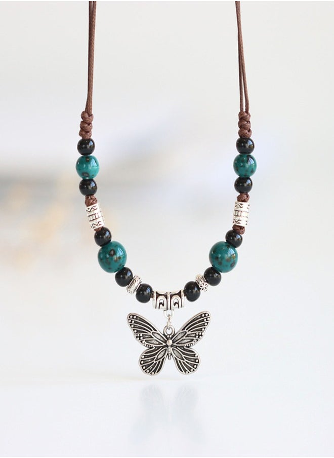 Generic - Vintage Ceramic Necklace with Adjustable Rope and Butterfly Pendant, Gift for Women - Image 1