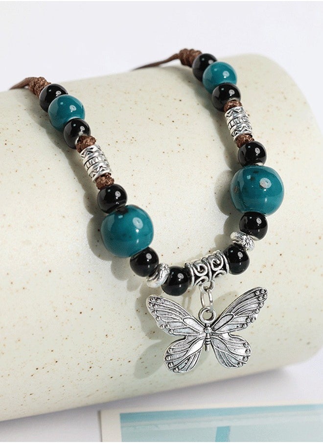 Generic - Vintage Ceramic Necklace with Adjustable Rope and Butterfly Pendant, Gift for Women - Image 1