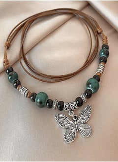 Vintage Ceramic Necklace with Adjustable Rope and Butterfly Pendant, Gift for Women