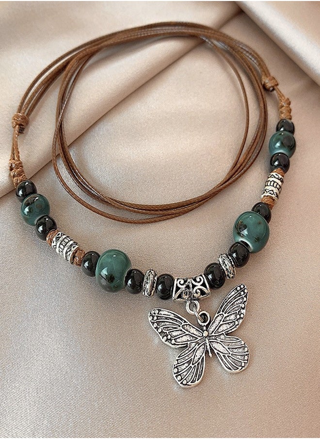 Generic - Vintage Ceramic Necklace with Adjustable Rope and Butterfly Pendant, Gift for Women - Image 1