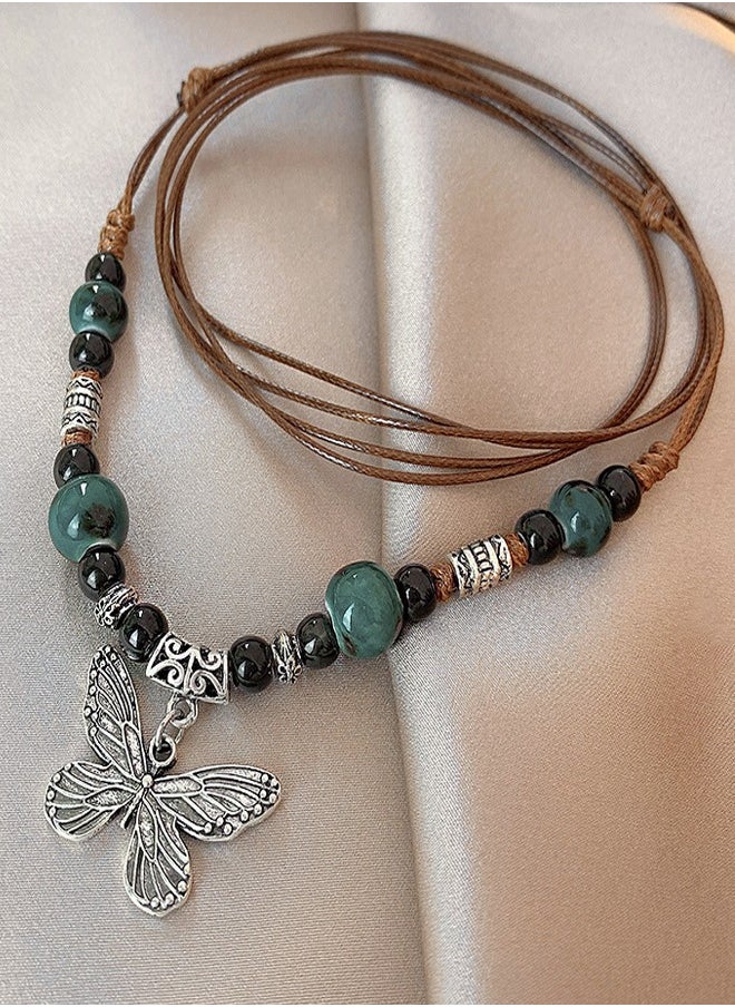 Generic - Vintage Ceramic Necklace with Adjustable Rope and Butterfly Pendant, Gift for Women - Image 1