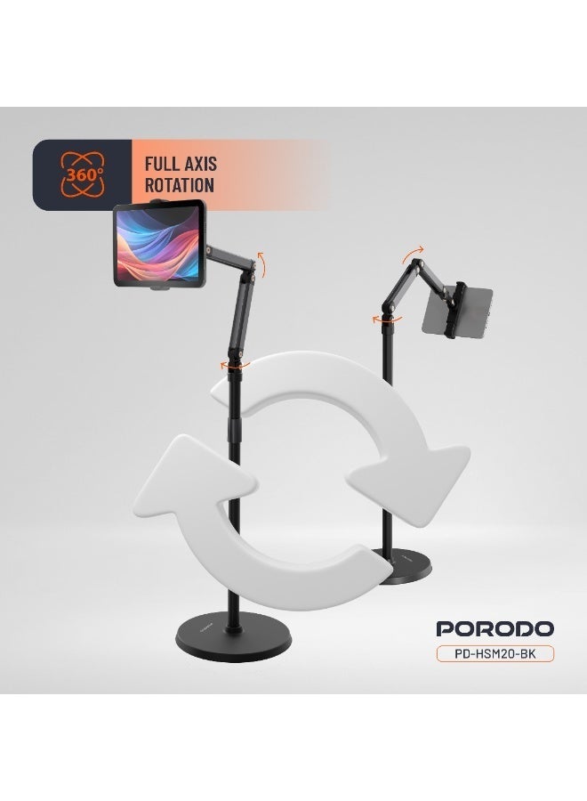 porodo Phone & Tablet Floor Stand with Adjustable Height 1.65m Max / Full Axis Rotation / 5.5" to 12.9" Devices Compatible - Black - Image 5