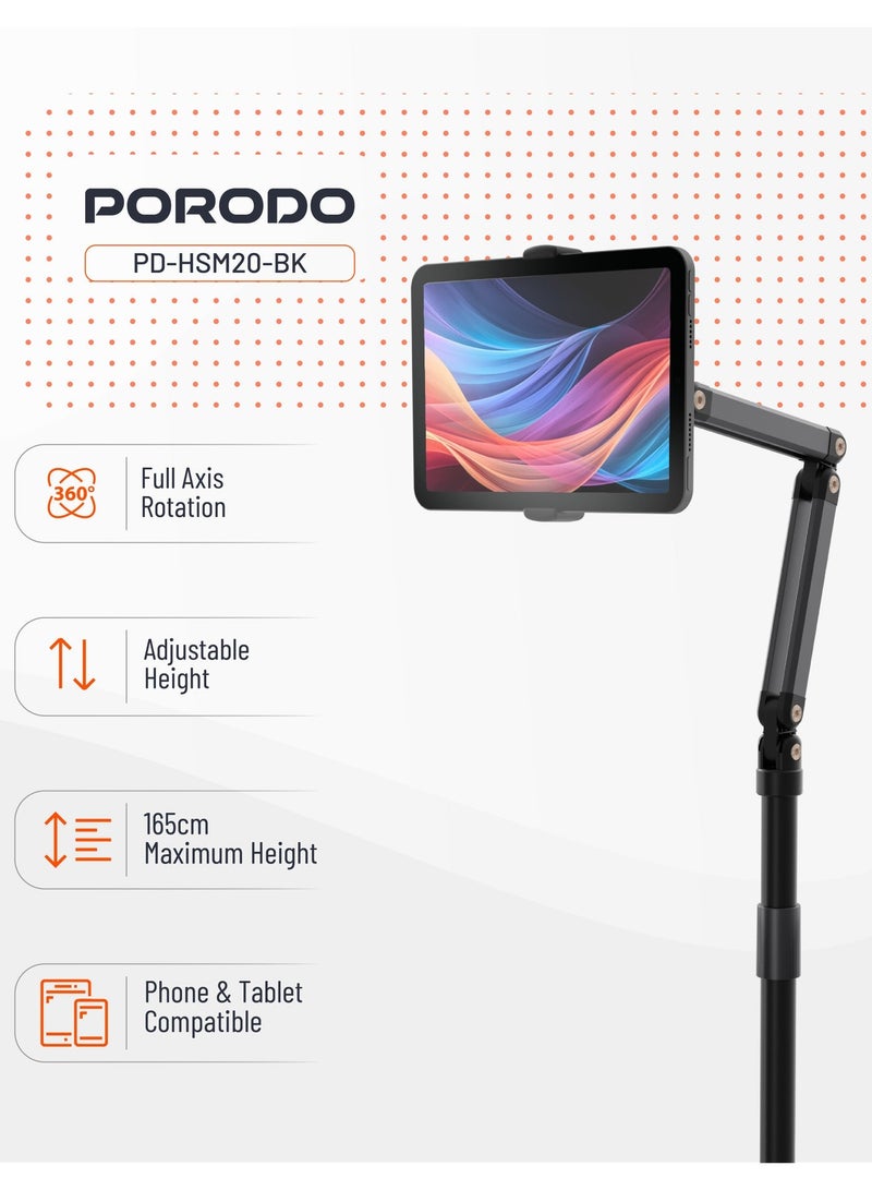 porodo Phone & Tablet Floor Stand with Adjustable Height 1.65m Max / Full Axis Rotation / 5.5" to 12.9" Devices Compatible - Black - Image 4