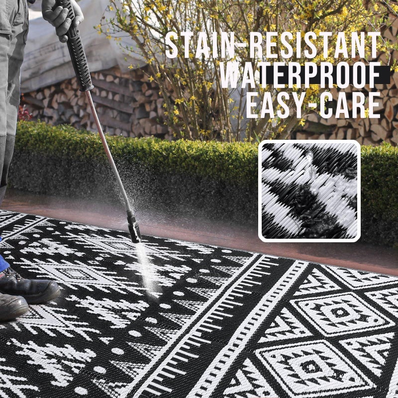 OLANLY Outdoor Rug Waterproof 5x8 ft, Reversible Outdoor Plastic Straw Rug, Boho Patio Rug, Indoor Outdoor Carpet, RV Mat Outside for Patio, Camp, Picnic, Balcony, Deck, Backyard, Black & White - Image 2