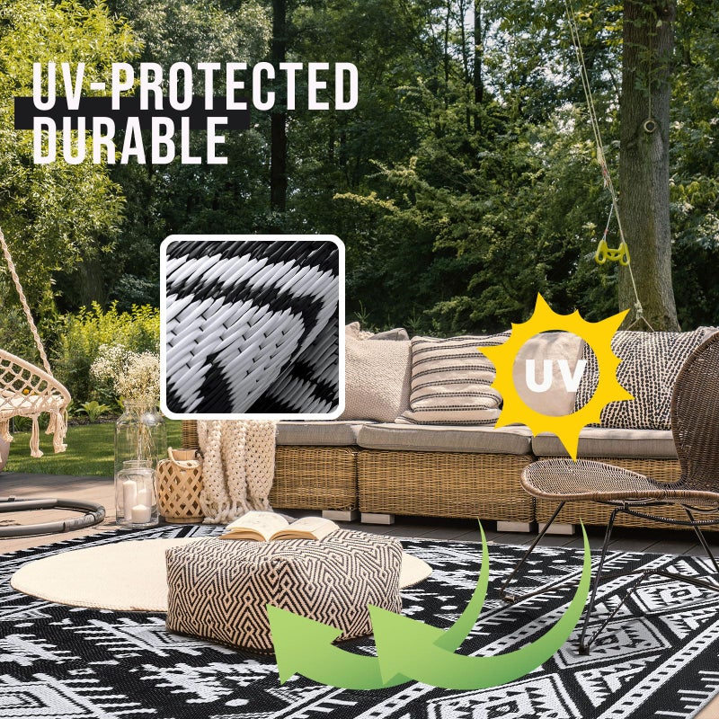 OLANLY Outdoor Rug Waterproof 5x8 ft, Reversible Outdoor Plastic Straw Rug, Boho Patio Rug, Indoor Outdoor Carpet, RV Mat Outside for Patio, Camp, Picnic, Balcony, Deck, Backyard, Black & White - Image 3