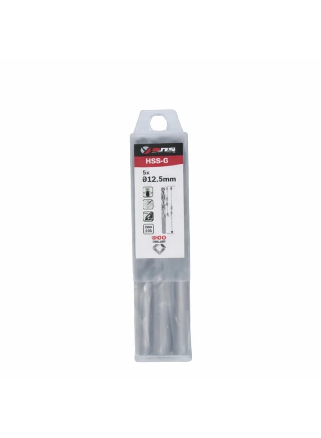 HSS-G TWIST DRILL BIT 12.5 MM, Pack of 5 Ground Flute High Speed Steel Drill Bit for Mild Steel, Alloy Steel and Workshop Use
