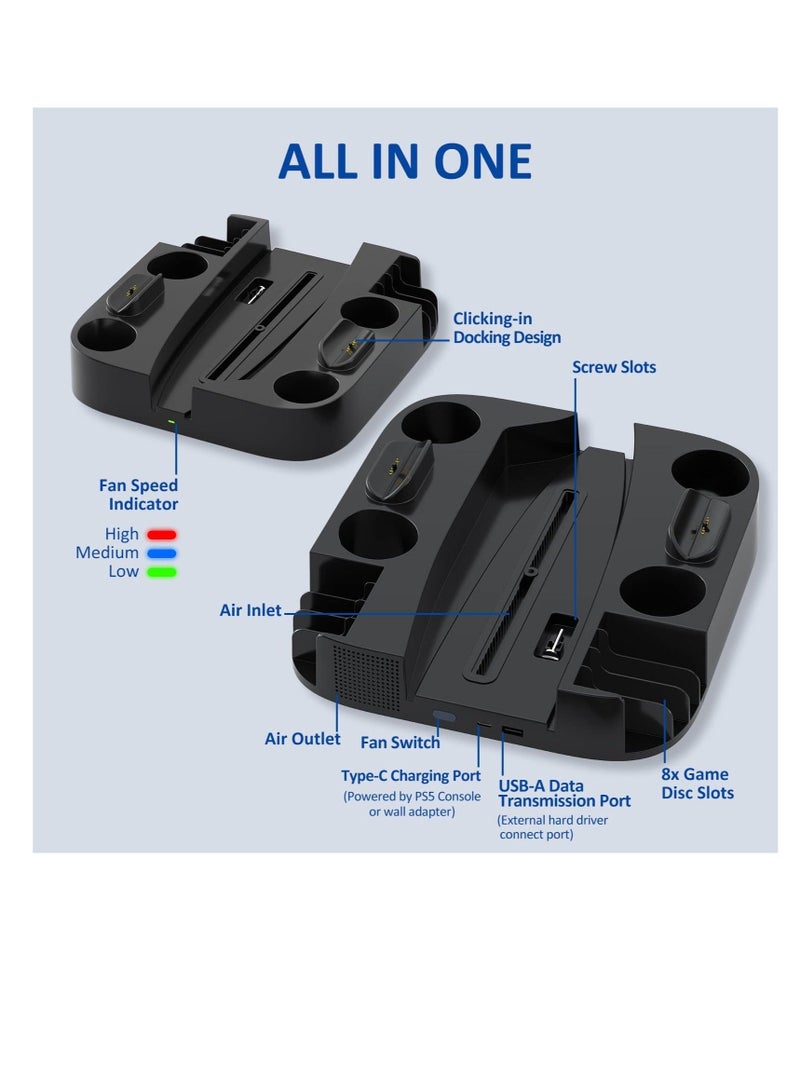 Captaintech PS5 Stand and Cooling Station, PS5 Controller Charging Station with 3 Levels Adjustable Fan Speed, 8 x PS5 Games Slots, PS5 Stand  for Playstation 5 Console/Disc/Digital Editions (Black) - Image 5