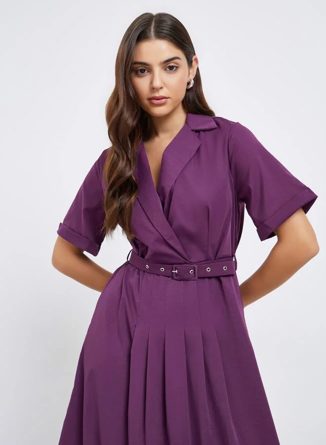 Styli Notch Lapel Belted A-Line Maxi Dress