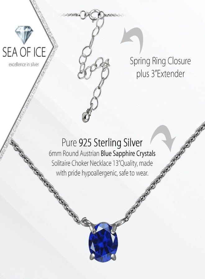 SEA OF ICE Round Crystals Solitaire Choker necklace - 6mm Round Crystals Solitaire for Women- 13" Plus 3" Extender - 925 Sterling Silver Jewelry Chain (Blue Sapphire Crystal, Sterling Silver) - Image 2