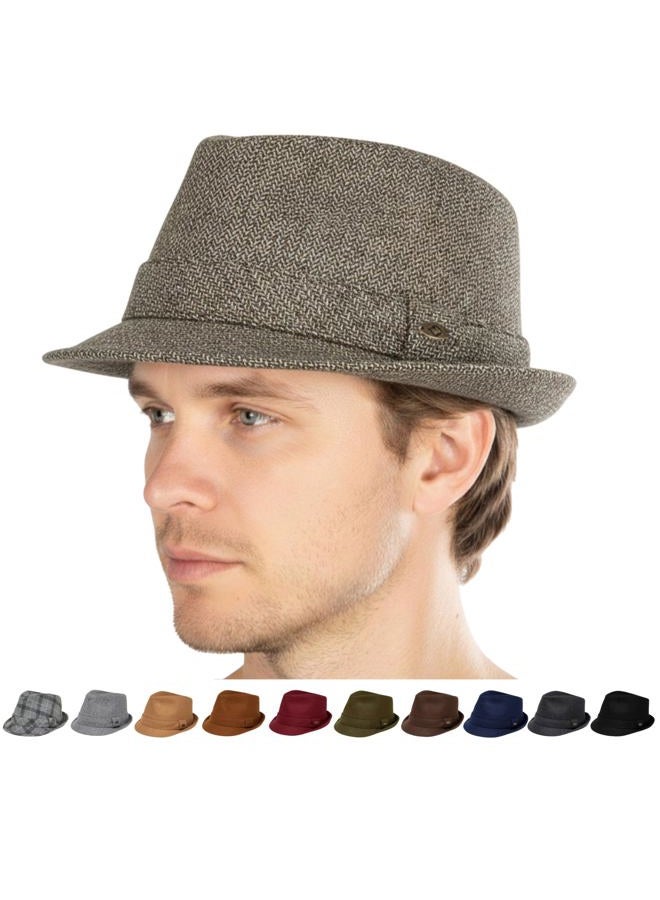 Funky Junque Wool Angled Brim Fedora Hat: Brown/Black Herringbone (Small/Medium) - Image 1