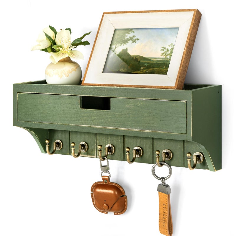 Rebee Vision Pine Wood Key Holder Wall Mount with Drawer Organizer for Home Decor â€“ Mail Organizer with 6 Key Hooks & Storage Shelf â€“ Apartment Essentials for Entryway, Living Room (Green) - Image 1