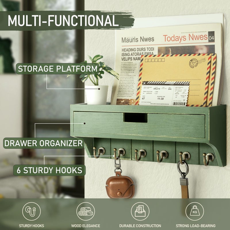 Rebee Vision Pine Wood Key Holder Wall Mount with Drawer Organizer for Home Decor â€“ Mail Organizer with 6 Key Hooks & Storage Shelf â€“ Apartment Essentials for Entryway, Living Room (Green) - Image 3