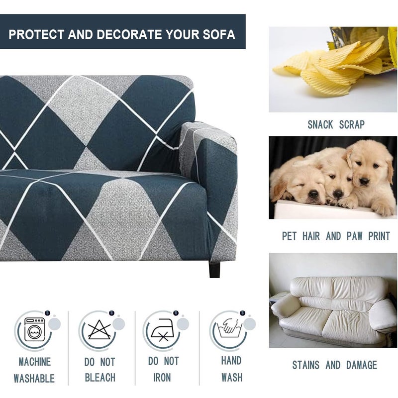 Furshine® Sofa Cover 3 Seater and 2 Seater Fully Covered Universal 5 Seater Sofa Cover Non-Slip Sticky Elastic Stretchable Sofa Set Slipcover (Blue Rhombus, Five Seater (3+1+1) with 3 Cushion Cover) - Image 5
