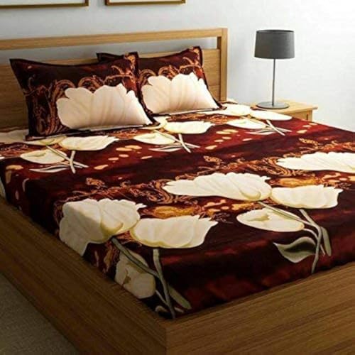 Exporthub Polyester and Cotton 3D Flowers Luxury Double Bed Bedsheet with 2 Pillows Covers (Brown , 88x94 Inch) - Image 3
