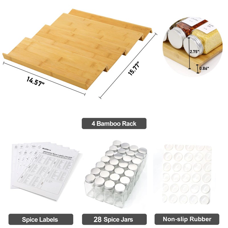 Kithero Spice Drawer Organizer With 28 Spice Jars,216 Labels,25 Non-Slip Rubber, Bamboo 4 Tier Seasoning Rack Tray Insert For Kitchen Drawers,Cabinets,Countertop,14.6"" Wide X 15.8"" Deep - Image 2