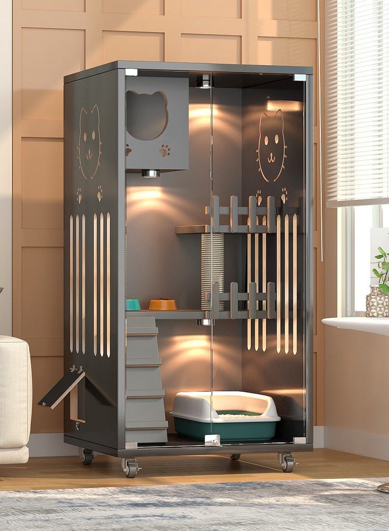Sunshinee Sunshine Luxury Wood Cat Villa Grey A- with Glass Front Door, Small Side Door, Bottom Wheels for Easy Movement and Internal Scratcher 60*60*125 cm  - Image 1