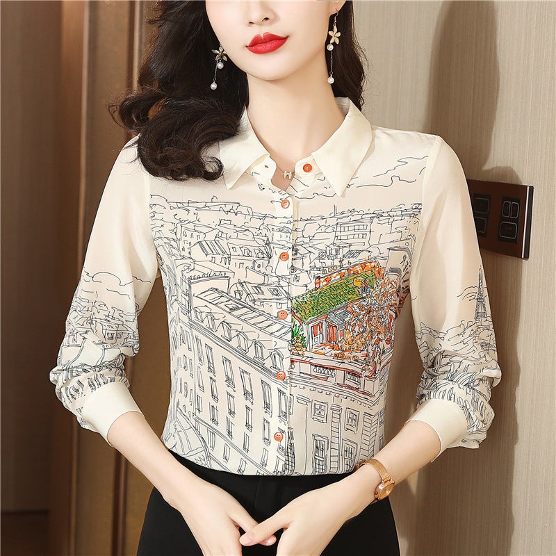 Cross-border shirt womens 2024 autumn new design niche retro high-end temperament unique unique printed top Flower color