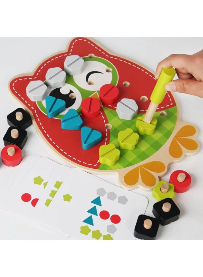 Cartoon Wooden Children's Early Education Educational Fun Screw Baby Shape Screw Color Cognitive Educational Toys-Color:Owl Style-nut Combination  - Image 5