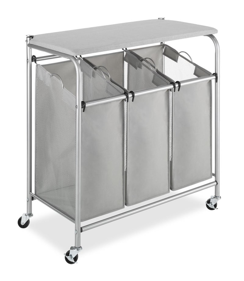 Whitmor Whitmor 3 Section Rolling Laundry Sorter with Folding Station  Ironing Board Chrome  Gray 
