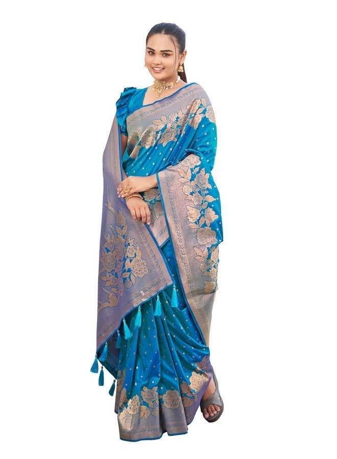 MANOHARI Womens Most Trendy Banarasi Woven Blue Saree With Heavy Jacquard Work Saree With Blouse Piece - Image 1