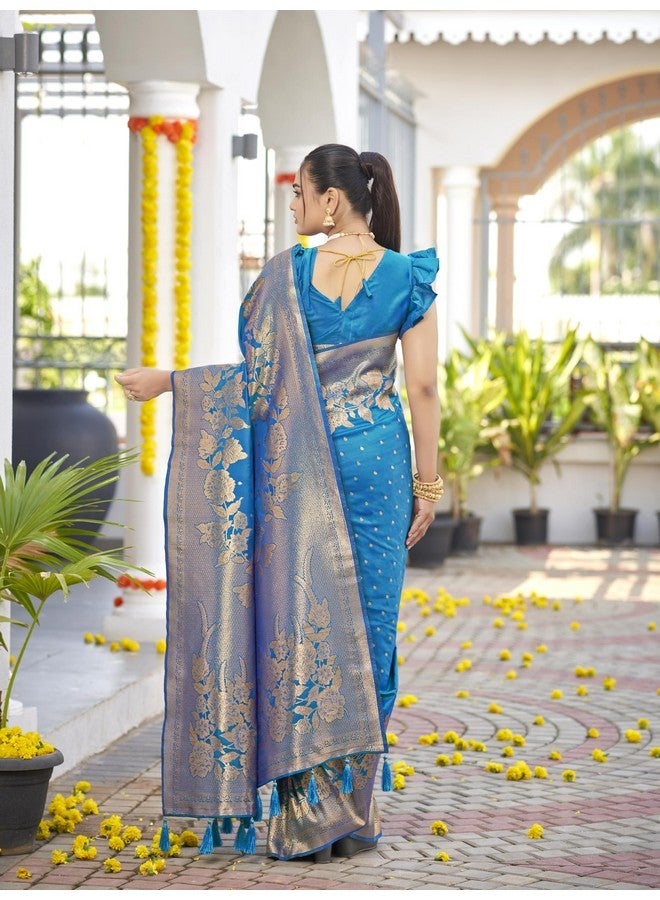 MANOHARI Womens Most Trendy Banarasi Woven Blue Saree With Heavy Jacquard Work Saree With Blouse Piece - Image 5