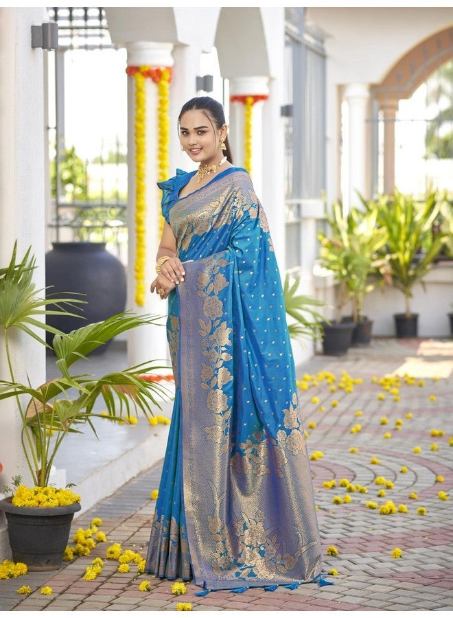 MANOHARI Womens Most Trendy Banarasi Woven Blue Saree With Heavy Jacquard Work Saree With Blouse Piece - Image 3