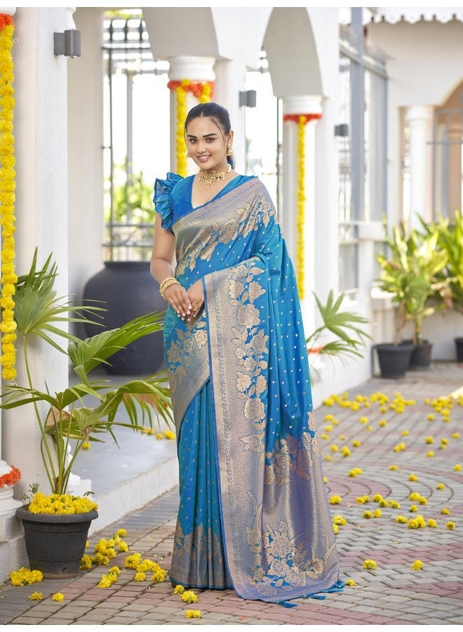 MANOHARI Womens Most Trendy Banarasi Woven Blue Saree With Heavy Jacquard Work Saree With Blouse Piece - Image 2