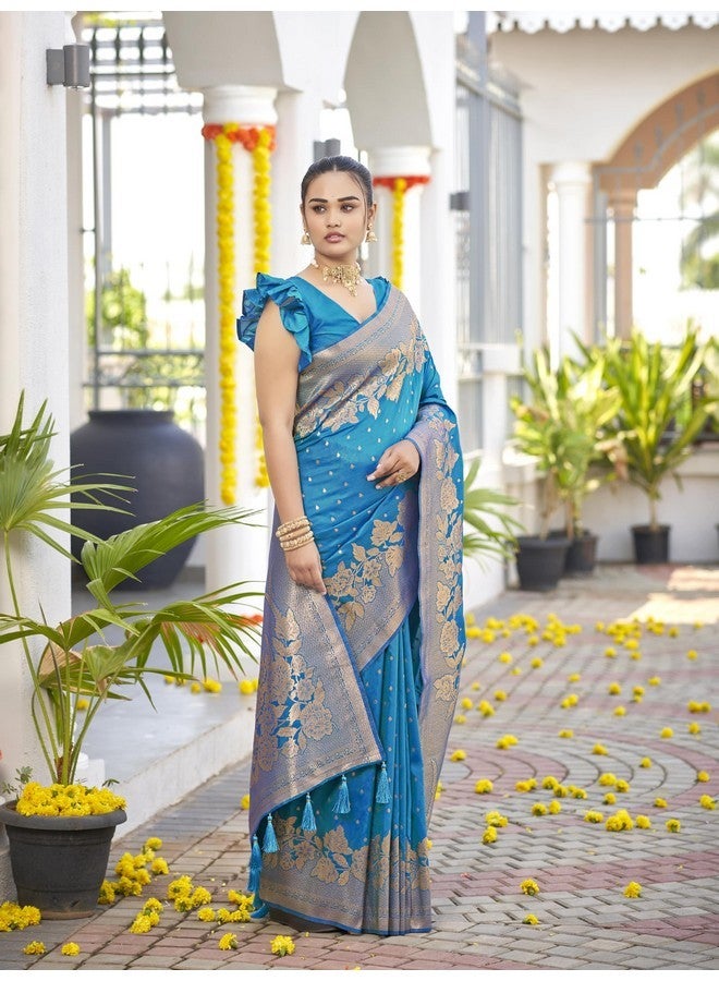 MANOHARI Womens Most Trendy Banarasi Woven Blue Saree With Heavy Jacquard Work Saree With Blouse Piece - Image 4